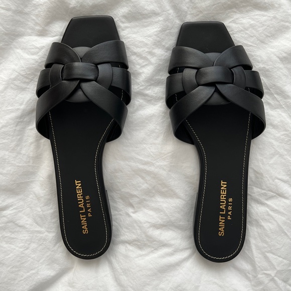 Saint Laurent Black Leather Flat Tribute Sandals - Picture 1 of 4
